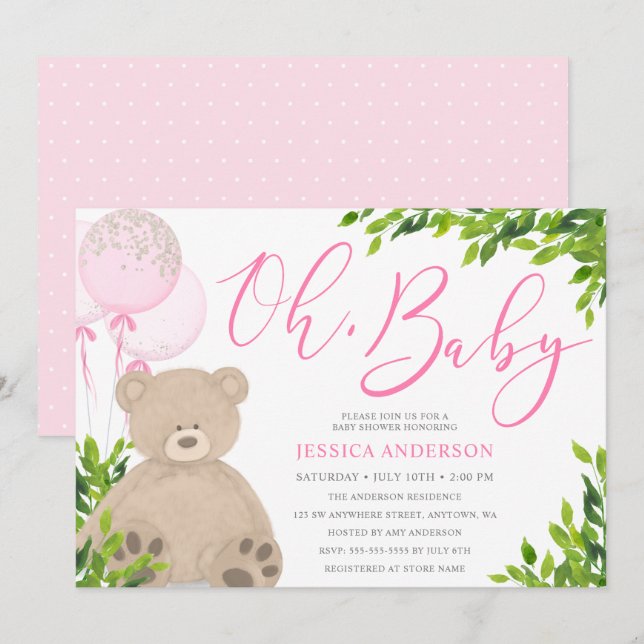 Invitación Chica de la vegetación de globo rosa Teddy Bear  B (Anverso / Reverso)