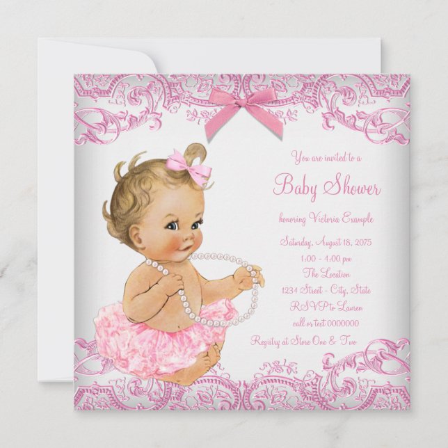 Invitación Chica de Lace Rosa Tutu Baby Shower (Anverso)