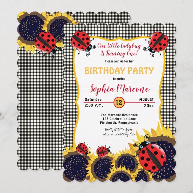 Invitación Chica de Ladybugs y Sunflowers Primer Fiesta de cu (Anverso / Reverso)