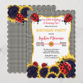 Invitación Chica de Ladybugs y Sunflowers Primer Fiesta de cu