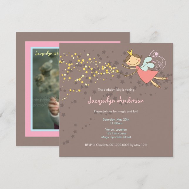 Invitación Chica de las Estrellas Princesas de Hadas Rosa (Anverso / Reverso)