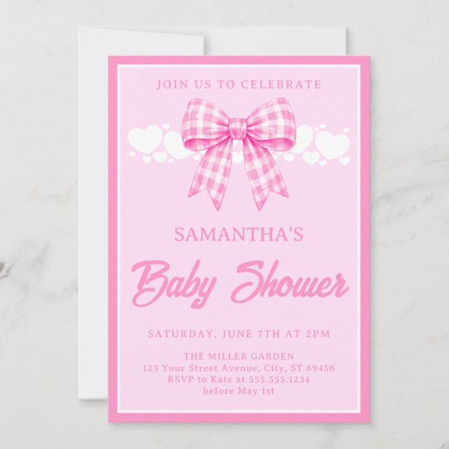 Invitación Chica de lazo de gingham rosa Baby Shower (Anverso)