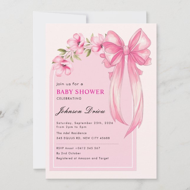 Invitación Chica de lazo rosa Baby Shower (Anverso)