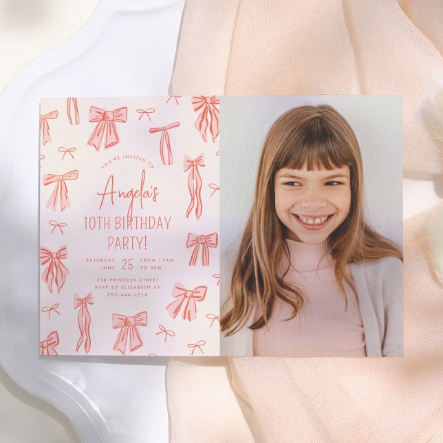 Invitación Chica de lazo rosa caprichosa foto cumpleaños (Subido por el creador)