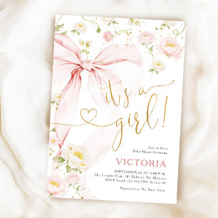 Invitación Chica de lazo rosa Cumpleaños Floral