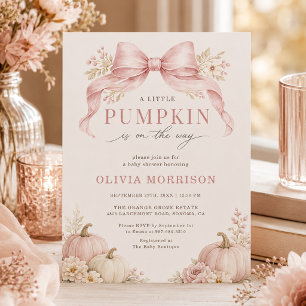 Invitación Chica de lazo rosa de pequeña calabaza Baby Shower