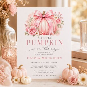 Invitación Chica de lazo rosa de pequeña calabaza Baby Shower