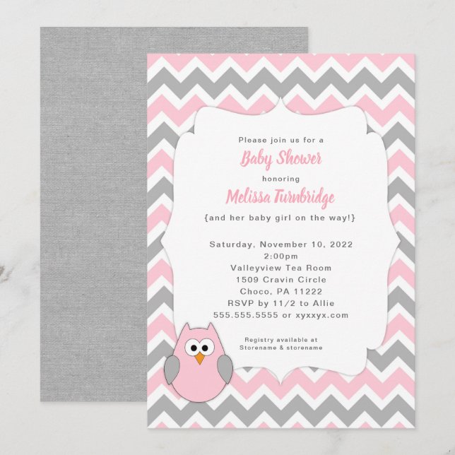 Invitación Chica de Lechuza Rosa y Gris Baby Shower (Anverso / Reverso)