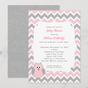 Invitación Chica de Lechuza Rosa y Gris Baby Shower