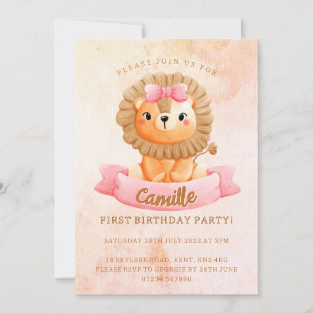 Invitación Chica de León Cute Cumpleaños (Anverso)