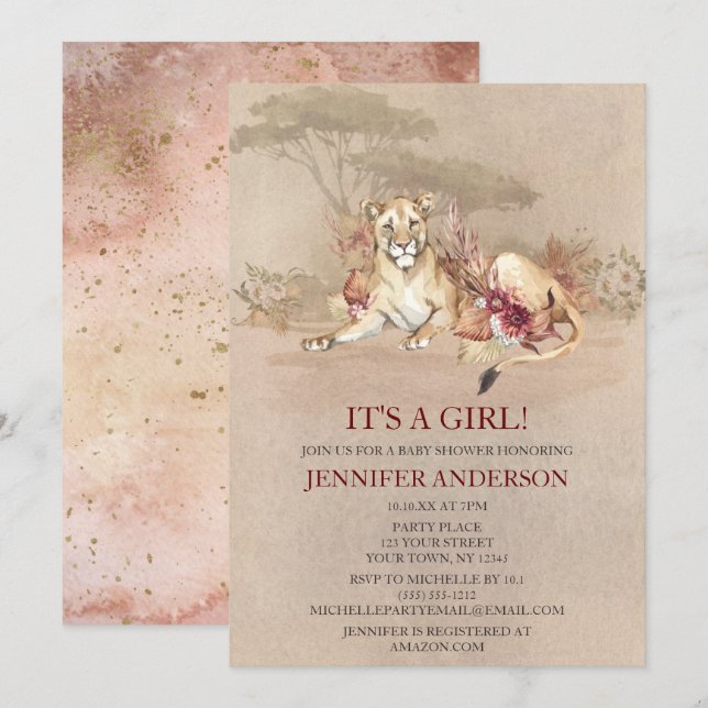 Invitación Chica de león Safari Sahara Savanna Baby Shower (Anverso / Reverso)
