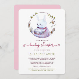 Invitación Chica de libros verdes rosados de conejo de madera