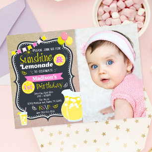 Invitación Chica de Limonada Sunshine Rosa Foto de Cumpleaños