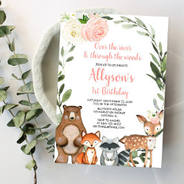 Invitación Chica de los animales de bosque de flores rosadas 