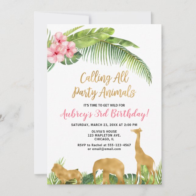 Invitación Chica de los animales de safari floral de oro rosa (Anverso)