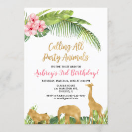 Invitación Chica de los animales de safari floral de oro rosa