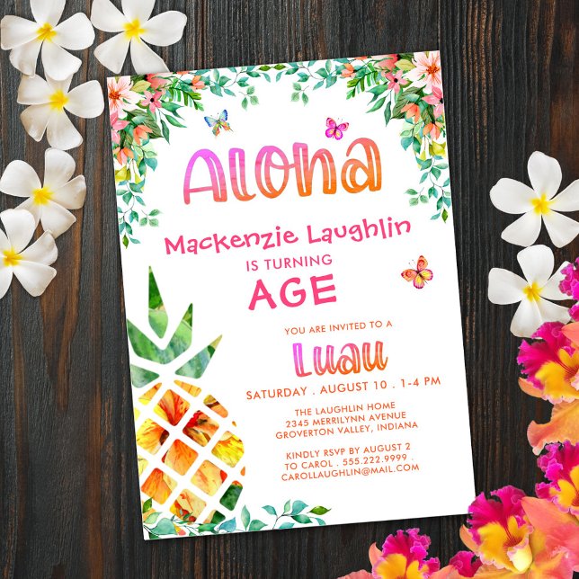 Invitación Chica de Luau Tropical Cumpleaños Aloha Pineapple (Subido por el creador)