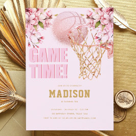 Invitación Chica de lujo de baloncesto Birthday Pink Gold