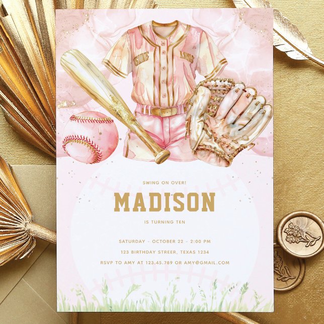 Invitación Chica de lujo de béisbol Birthday Pink Gold (Subido por el creador)