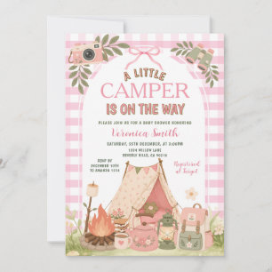 Invitación Chica de lunares rosados con lazo de campamento Ba