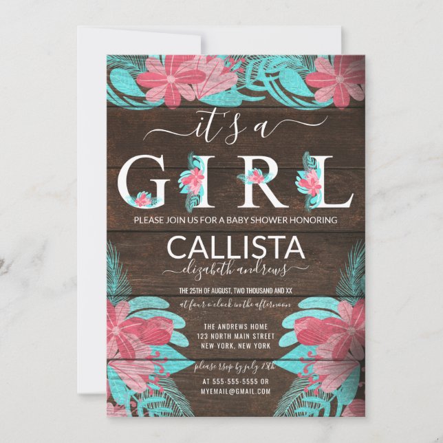 Invitación Chica de madera floral Verde azulada rosa Rústica  (Anverso)