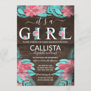 Invitación Chica de madera floral Verde azulada rosa Rústica