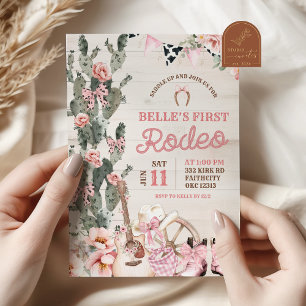 Invitación Chica de Madera Rústica Rosa Primer Rodeo