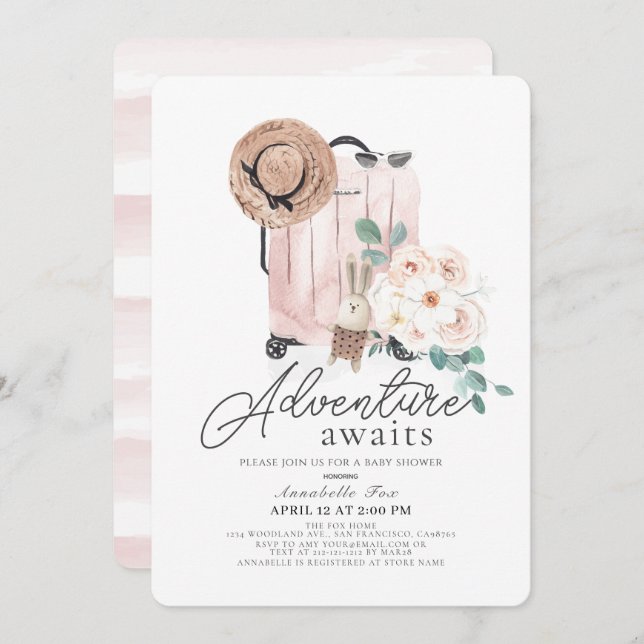 Invitación Chica de maleta rosa Baby Shower La aventura esper (Anverso / Reverso)