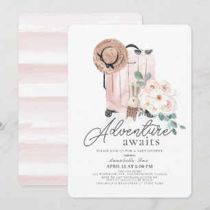 Invitación Chica de maleta rosa Baby Shower La aventura esper