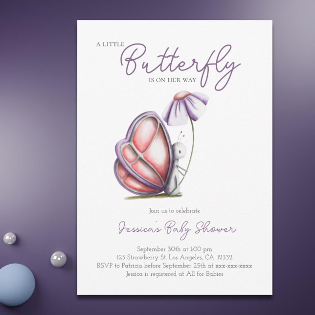 Invitación Chica de mariposa acuática Baby Shower (Cute Butterfly and Flower Personalized Birthday Card)
