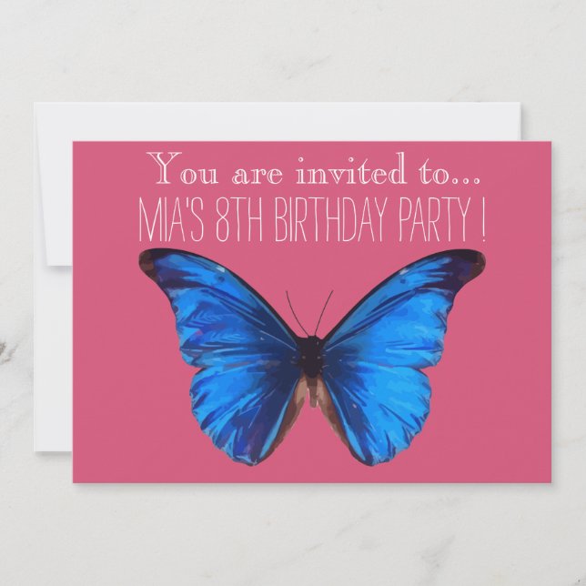 Invitación Chica de mariposa azul o fiesta de cumpleaños (Anverso)