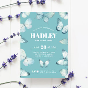 Invitación Chica de mariposa azul Verde azulada encantada Cum