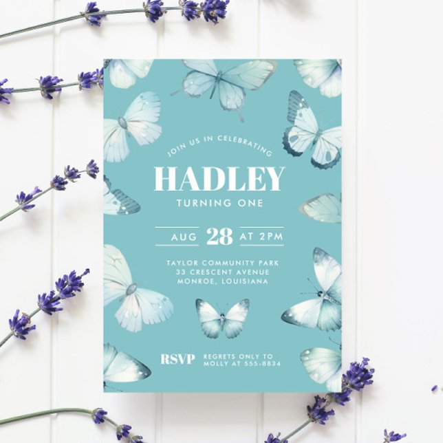 Invitación Chica de mariposa azul Verde azulada encantada Cum (Subido por el creador)