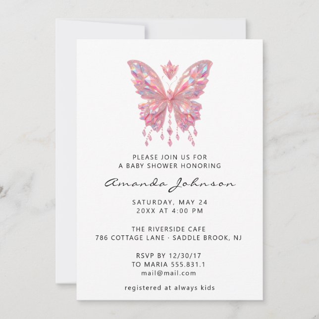 Invitación Chica de mariposa Baby Shower Cristales de estaño  (Anverso)