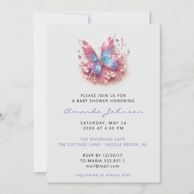 Invitación Chica de mariposa Baby Shower Gris rosa azul (Anverso)