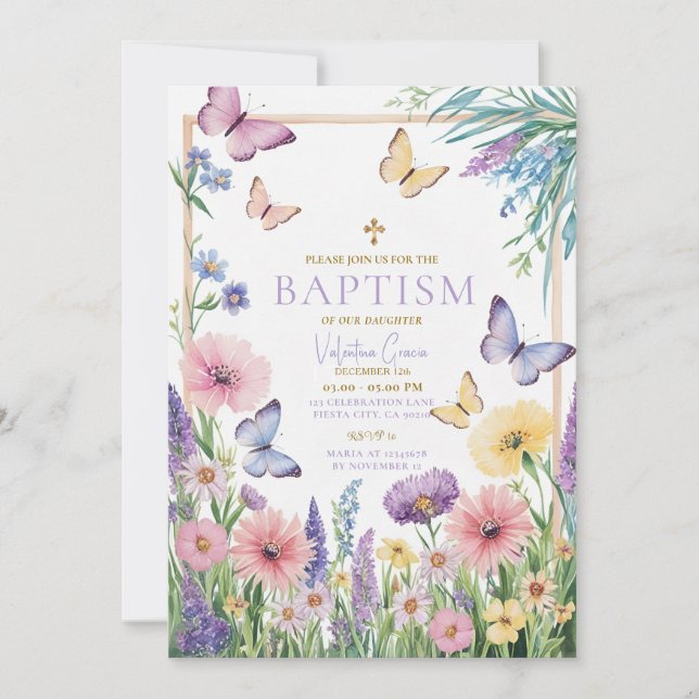Invitación Chica de mariposa colorida Bautismo Flores cruzada (Anverso)