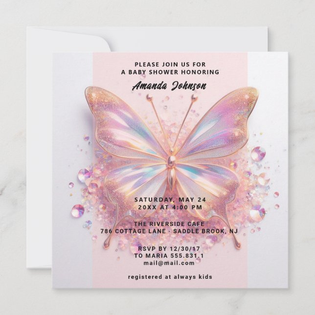 Invitación Chica de mariposa de Baby Shower Diamante azul ros (Anverso)