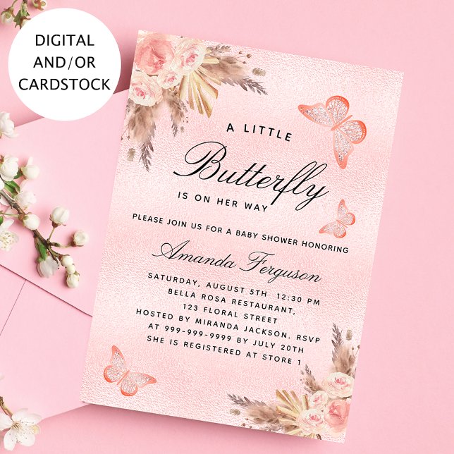 Invitación chica de mariposa de Baby Shower pampas rosa (Subido por el creador)