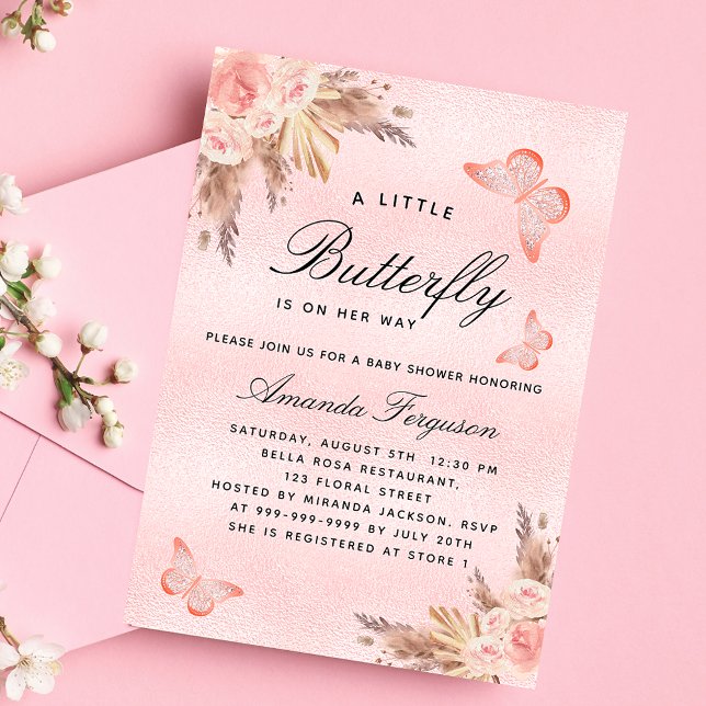 Invitación chica de mariposa de Baby Shower pampas rosa lujo (Subido por el creador)
