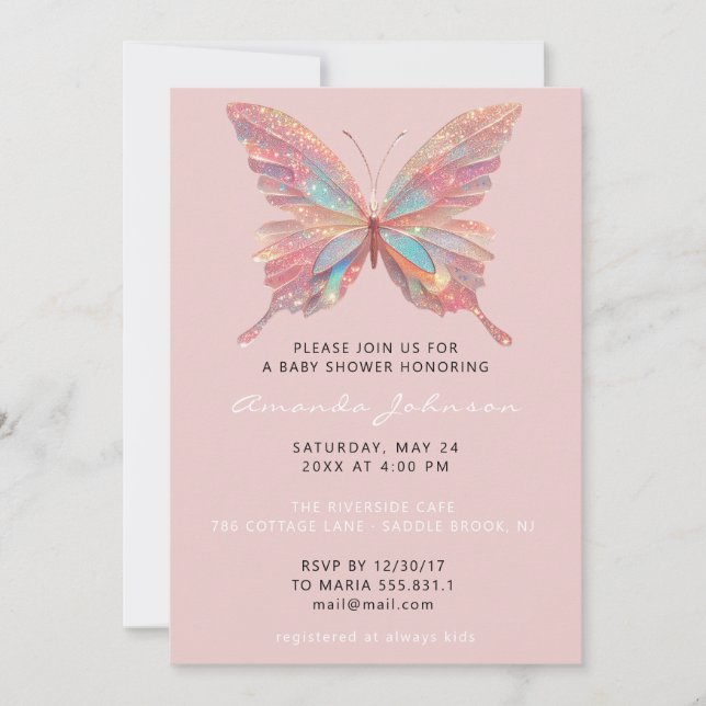 Invitación Chica de mariposa de Baby Shower Polvo Rosa 16º du (Anverso)