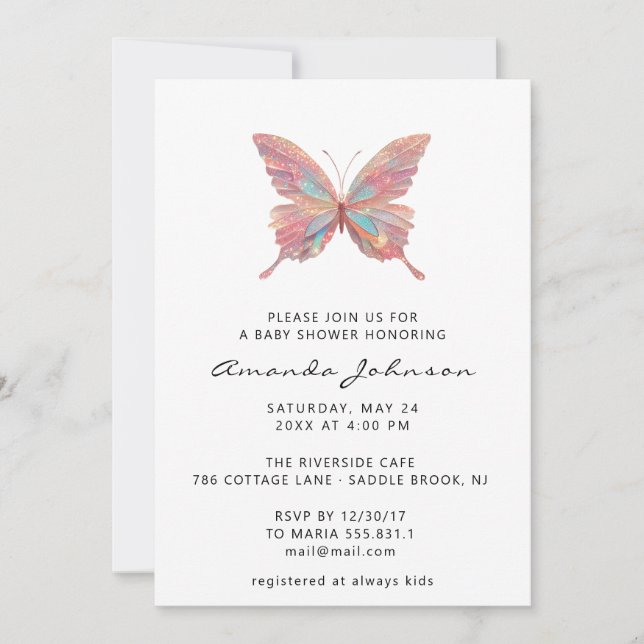 Invitación Chica de mariposa de Baby Shower Rosa blanco (Anverso)