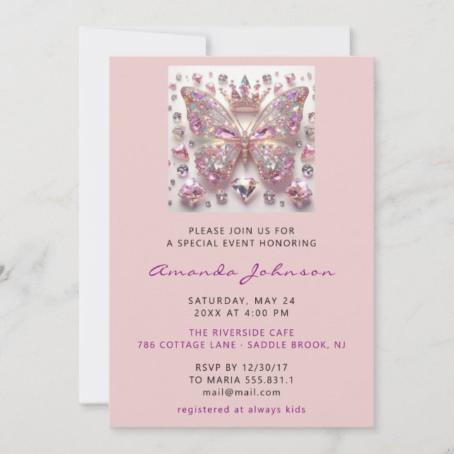 Invitación Chica de mariposa de Baby Shower Sweet 16th Pink R (Anverso)