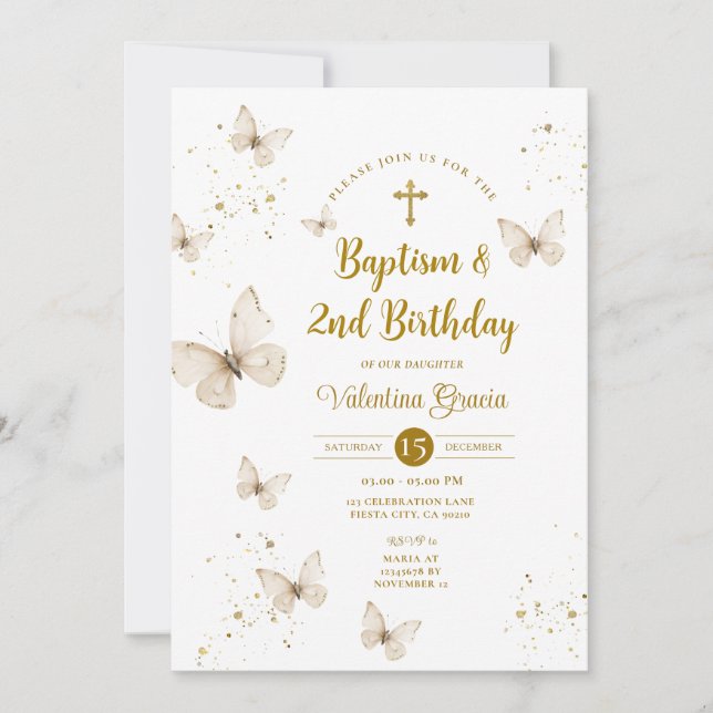 Invitación Chica de mariposa de Champagne Baptism Cross (Anverso)