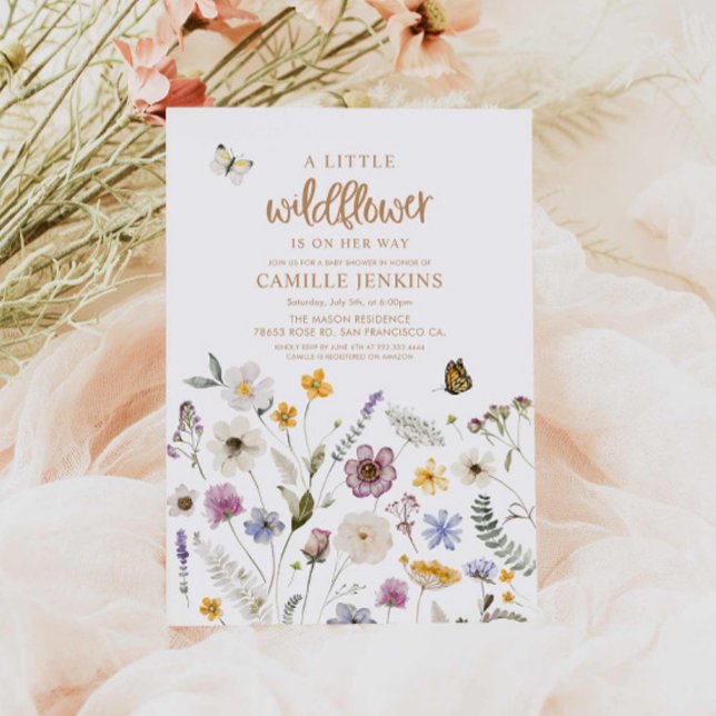 Invitación Chica de mariposa de flores silvestres Baby Shower ( A little Wildflower and Butterfly Girl baby shower invitation)