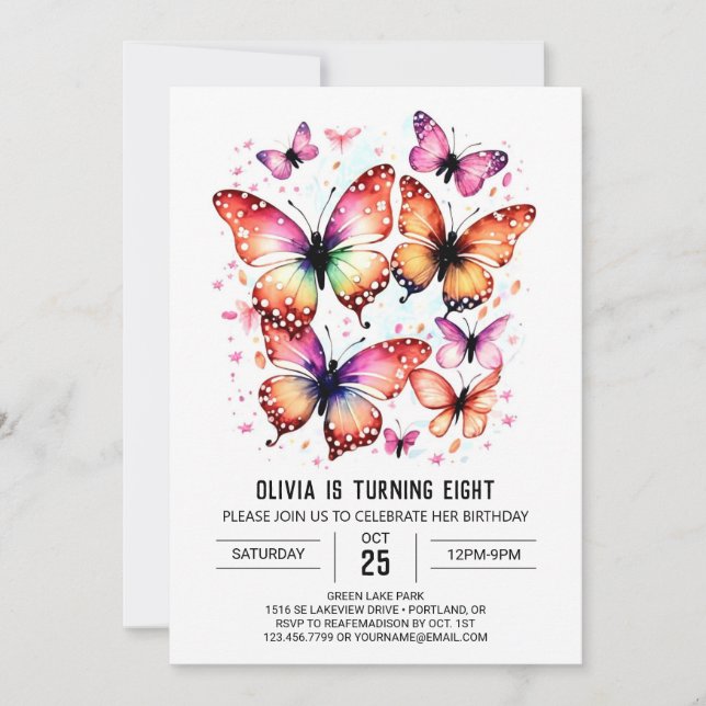 Invitación Chica de mariposa de Girly Imprimible Cumpleaños (Anverso)