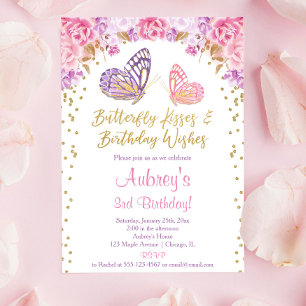 Invitación Chica de mariposa elegante morada de oro rosa
