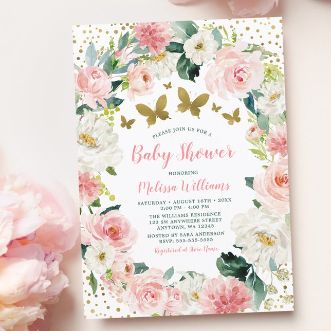 Invitación Chica de mariposa floral de oro rosa Baby Shower (Subido por el creador)
