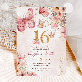 Invitación Chica de mariposa floral rosa 16ª fiesta de cumple