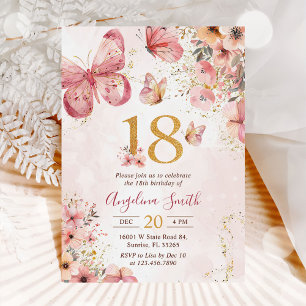 Invitación Chica de mariposa floral rosa 18º cumpleaños