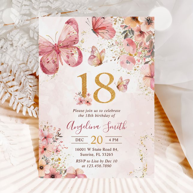 Invitación Chica de mariposa floral rosa 18º cumpleaños (Subido por el creador)